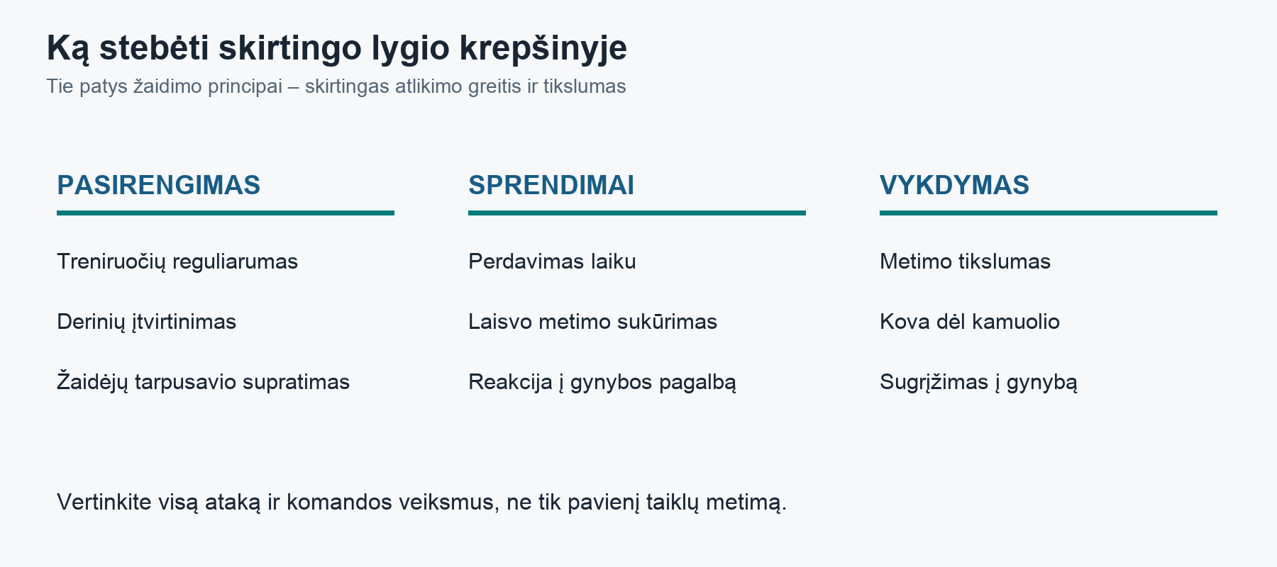 Krepšinio stebėjimo schema, tinkama lyginant mėgėjų ir profesionalų rungtynių epizodus.